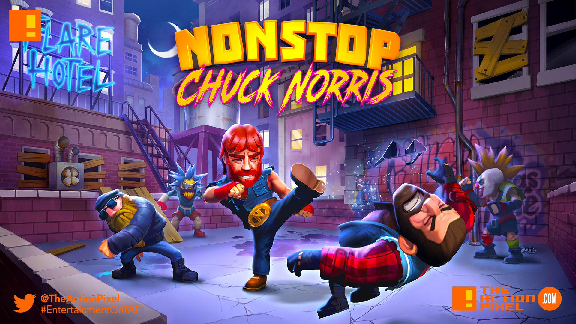 nonstop chuck norris, mobile, game, the action pixel, entertainment on tap