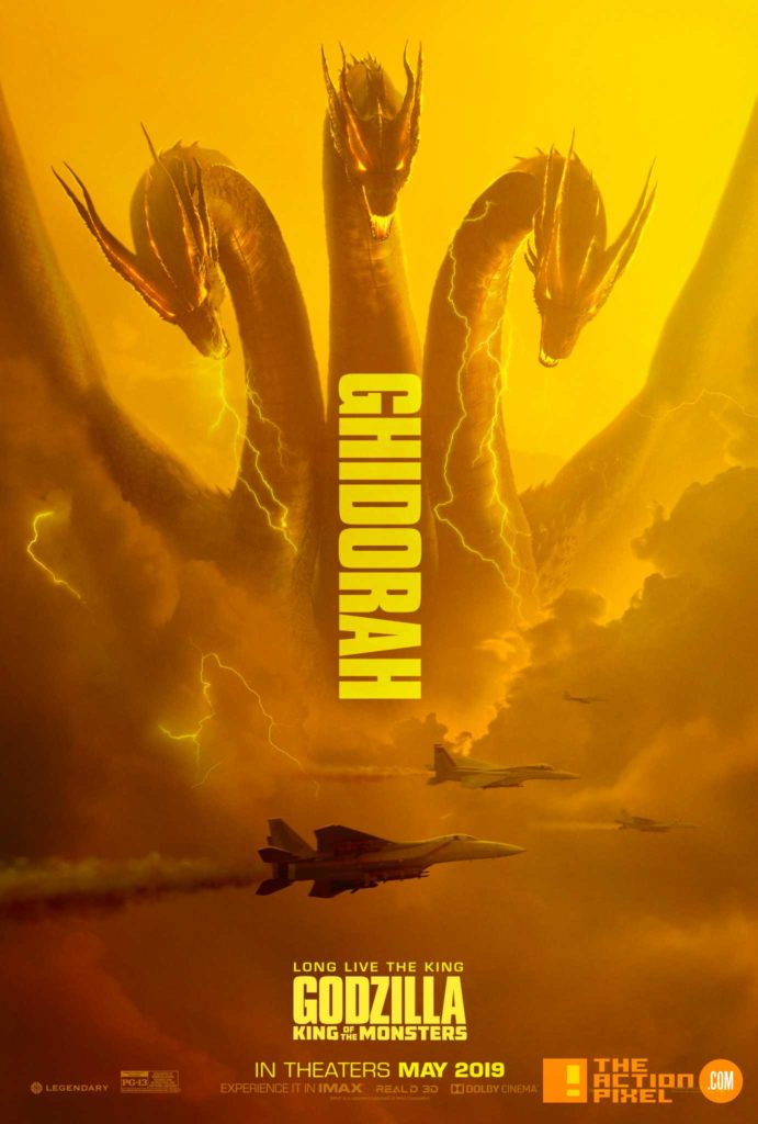 ghidorah, mothra, godzilla, rodan, poster, warner bros. pictures, trailer, character poster, trailer 2,godzilla: king of the monsters, godzilla, millie bobby brown, the action pixel, entertainment on tap, atomic breath, 