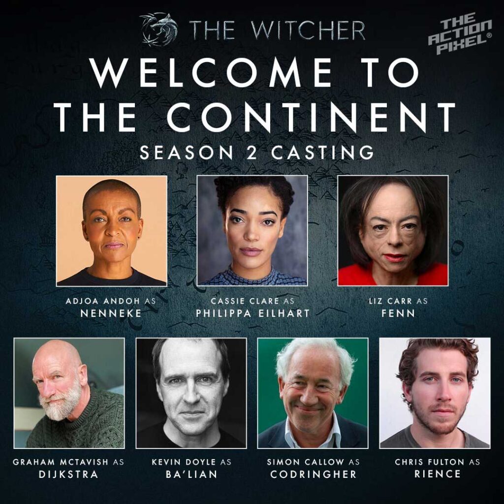 the witcher casting, the witcher season 2, the witcher, entertainment on tap, featured, netflix,Adjoa Andoh , nenneke,cassie clare, phillippa eilhart,liz carr, fenn, graham mctavish, dijkstra, kevin doyle, ba'lian,codringher, simon callow, chris fulton, Rience